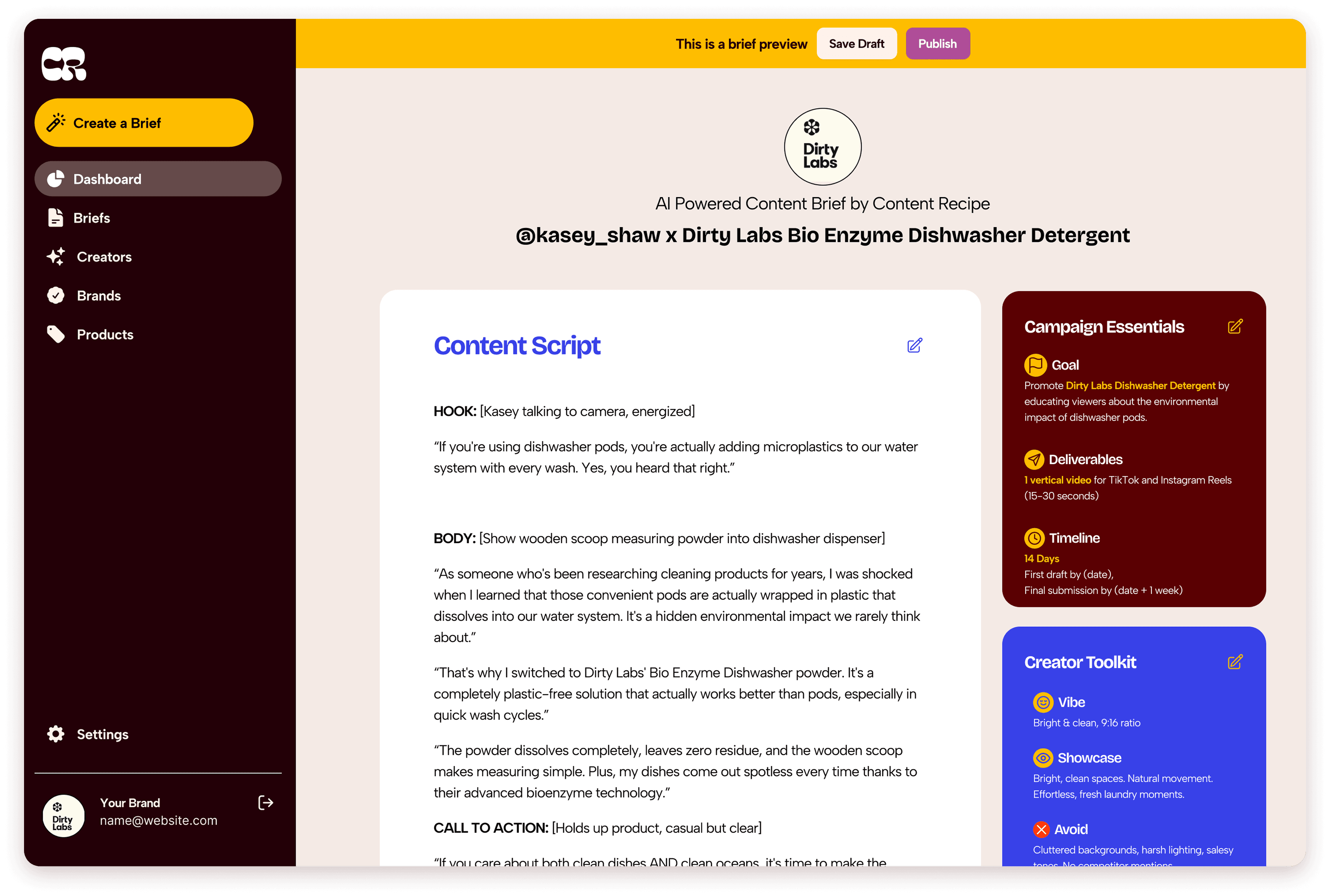 Visual explanation of how Content Recipe combines brand, creator, and product insights to generate a customizable influencer brief with export and sharing options.