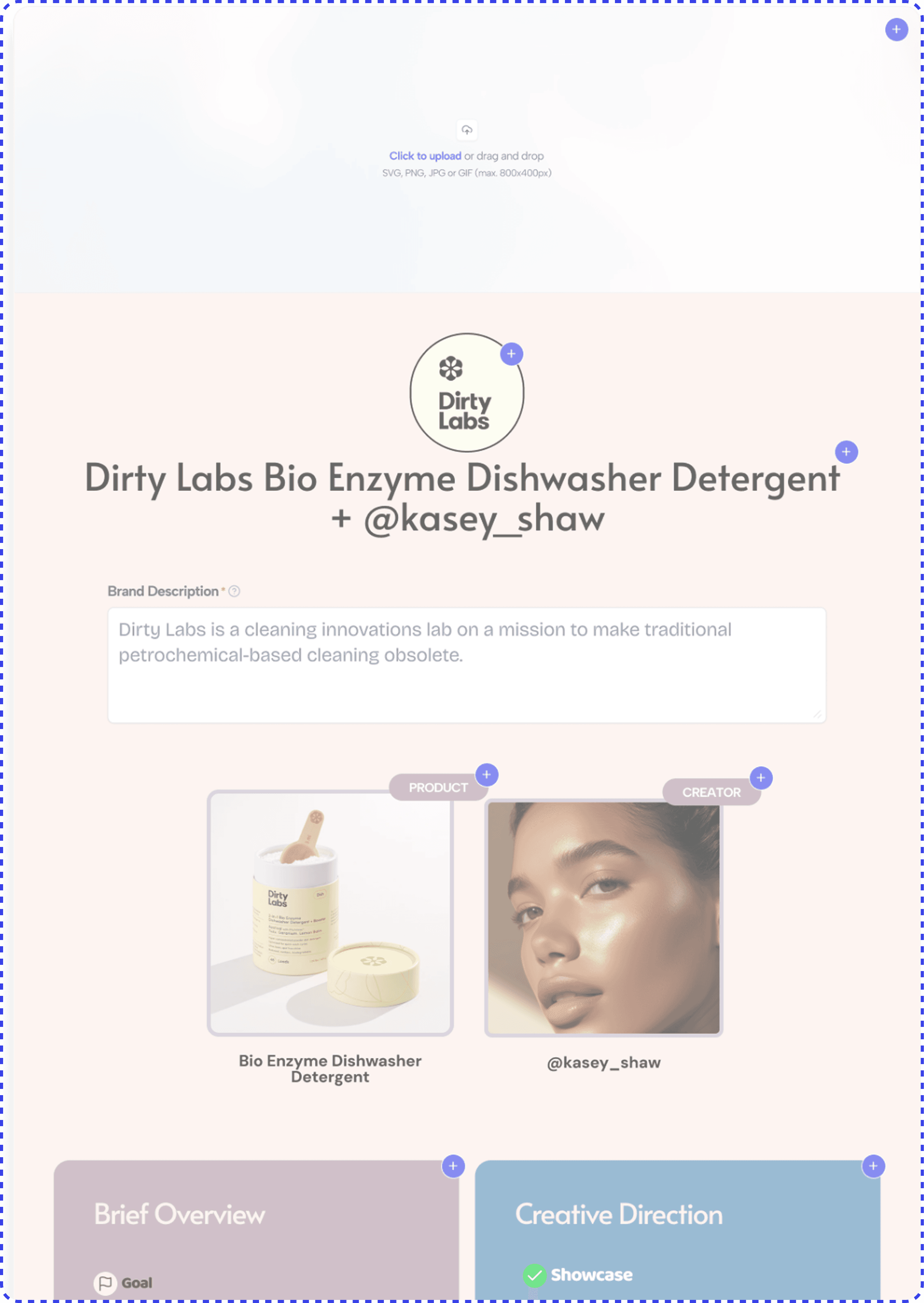 Customizable influencer brief template showing how to adjust brand colors, fonts, logos, and layout to match brand identity using Content Recipe's editor.